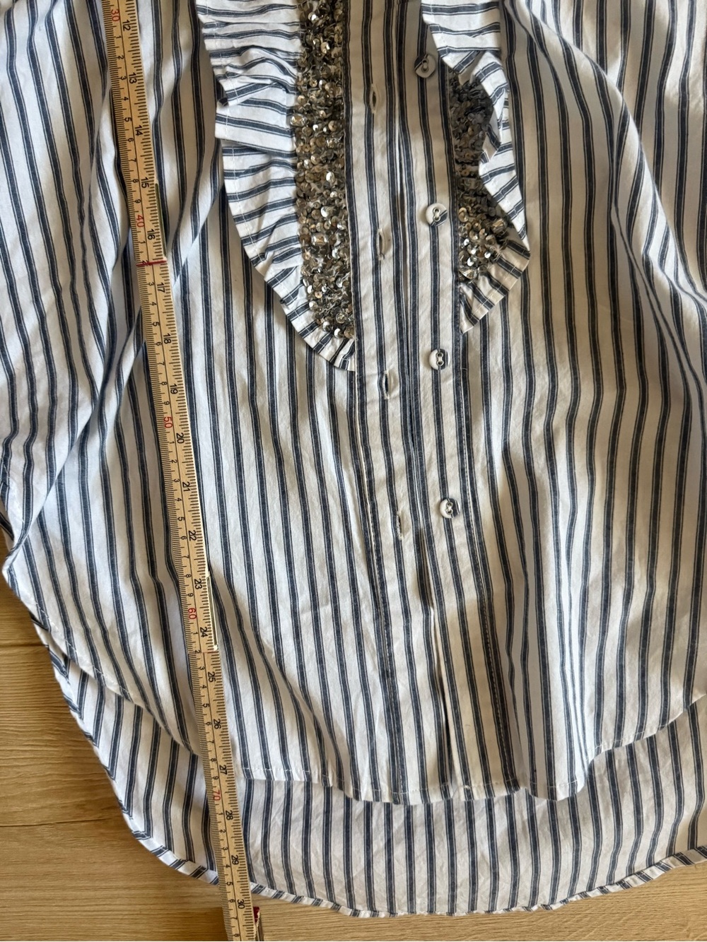Pilcro White and Navy Striped Button-Front Blouse with Sequin Trim